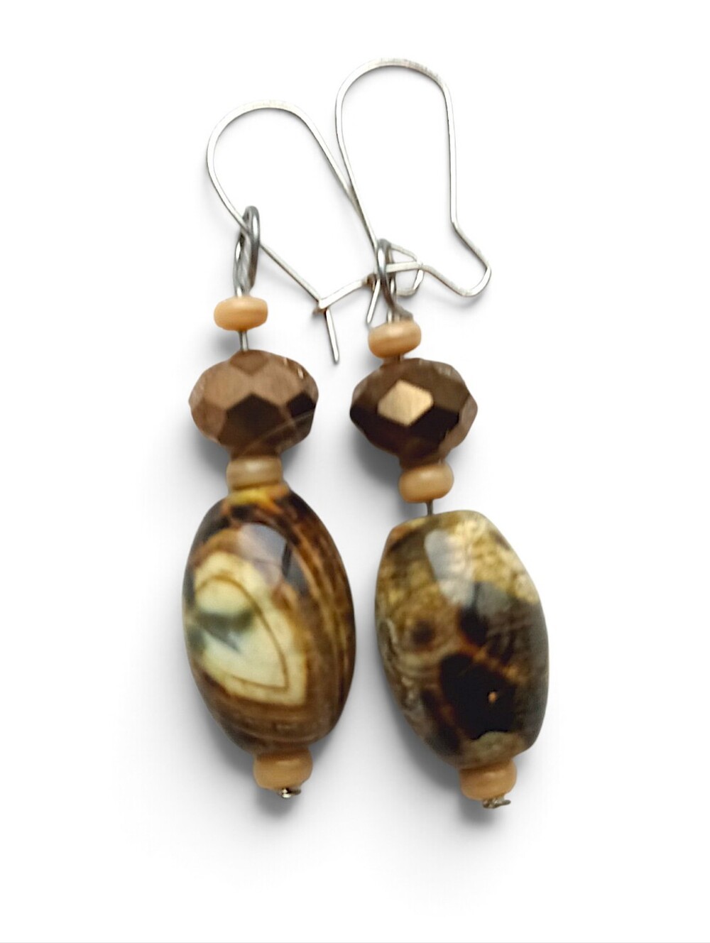 Handmade Brown Agate & Crystal Bead Drop Earrings Earthy Wood Texture Gemstone